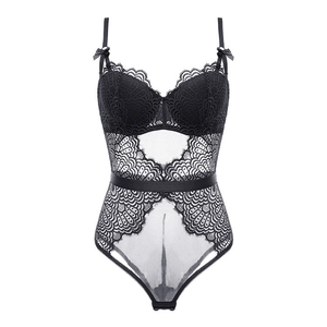 Sultry black lace bodysuit featuring molded cups with bow detail and sheer mesh paneling