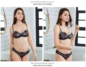 Detail of sheer black mesh lingerie set featuring teal floral embroidery and lace trim