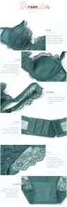 Detailed macro view of dark green French eyelash lace lingerie set with cotton lining