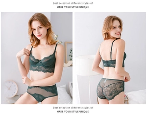 Lace lingerie set in dark green featuring sheer mesh bra and matching high waist panties