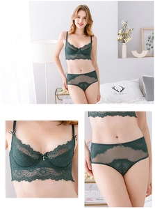 Close-up of deep green lace lingerie set with intricate floral patterns and mesh details