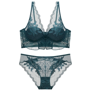 French style dark teal lace lingerie set with floral embroidery and mesh details