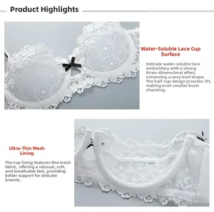 Detail of white water-soluble lace bra showing intricate hollow embroidery and mesh