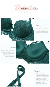 Vues détaillées du soutien-gorge en dentelle vert foncé avec rembourrage push-up