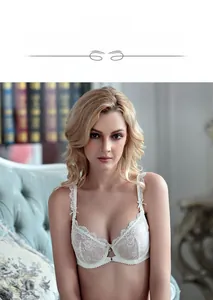 Detail of white sheer lace bra with scallop edge and delicate bow on the strap