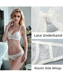 Detailed view of white lace underband and elastic side wings on a sheer lingerie set