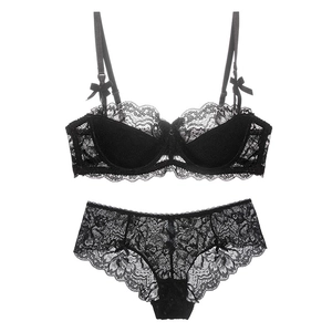 Elegantes Set aus schwarzer Spitzenunterwäsche mit Bügel-BH und transparentem Slip mit Bogen
