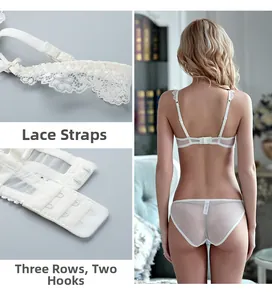 Detail of white lace lingerie straps and three-row two-hook closure on back view