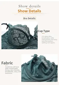 Detailed macro view of dark green floral lace cups and soft breathable lining on bra