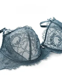 Detail of dark blue-grey eyelash lace bra featuring floral mesh and silver pendant charm