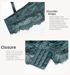 Detail of adjustable straps and four-row hook-and-eye closure on green lace bra