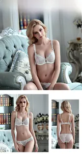 Detailed views of white lace lingerie set with floral embroidery and underwire support