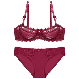 Lace semi-cup lingerie set with underwire bra and matching panties in deep red