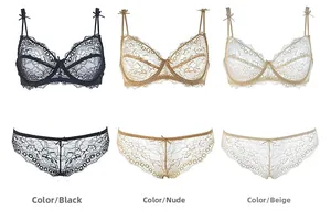 Detailed flat lay of three thin lace lingerie sets with bows in black, beige, and nude tones