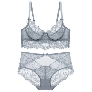 Elegant grey-blue floral lace lingerie set with sheer embroidery and eyelash trim detail