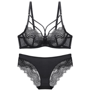 Elegant black lace lingerie set featuring a full cup underwired bra and matching panty