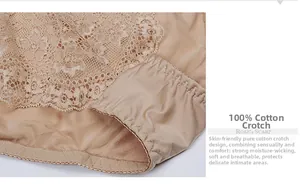Detailed macro view of the skin-tone lace panties featuring a breathable cotton crotch