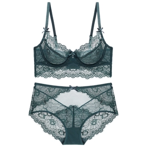Deep green lace lingerie set with sheer mesh and elegant floral patterns for women