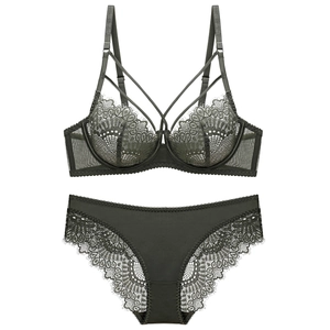 Deep green lace lingerie set featuring underwire bra with straps and matching briefs