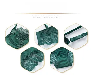 Détail de la lingerie en dentelle florale vert foncé avec bretelles réglables et mesh