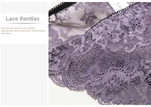 Detailed macro view of purple lace panties with intricate eyelash lace edging and mesh