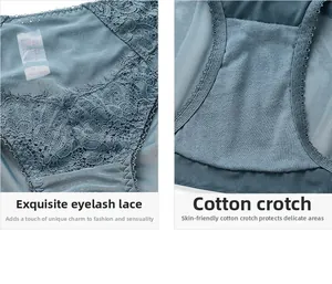 Detail of eyelash lace edges and breathable cotton crotch on grey-blue panties