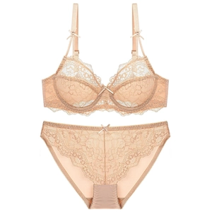 Elegant beige floral lace lingerie set with ultra-thin bra and matching panties