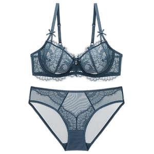 Sexy Ultra Thin Transparent Lace Bra And Panties For Women Eyelash Lace Lingerie Underwire Push Up Bra Panty