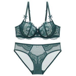 Deep green lace lingerie set featuring ultra-thin sheer bra and matching panties with bows