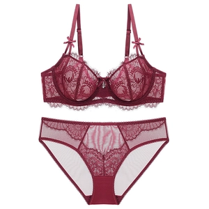 Deep red lace lingerie set with sheer mesh bra and matching high-cut panties set