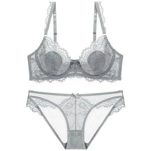 Ensemble de lingerie en dentelle grise avec soutien-gorge semi-transparent et culotte