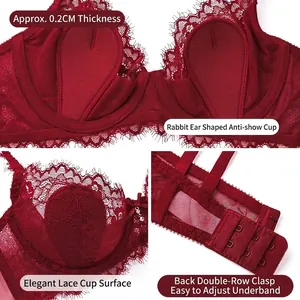 Ensemble lingerie en dentelle rouge foncé avec bonnets ultra-fins de 0,2 cm et détails