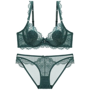 Ensemble de lingerie en dentelle avec soutien-gorge à armatures et culotte vert foncé