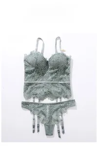 Details von graugrünem Spitzen-Bustier-Set mit Blumenmustern und Trägern