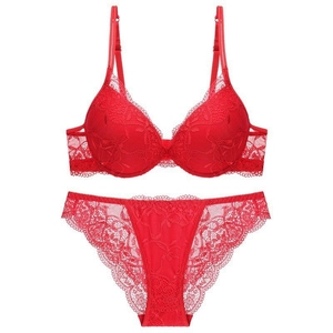 Deep V lace lingerie set with push-up red bra and matching briefs for women