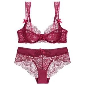 Lingerie en Dentelle Sexy pour Femmes Style Français Soutien-Gorge Et Culotte Ultra Fins Respirants Armatures Broderie Florale