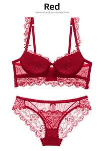 Detailed view of red lace lingerie set featuring underwire bra and sheer mesh panties