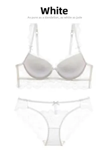 Detailed view of white lace lingerie set with demi cup bra and matching bow panties
