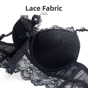 Close-up of black lace bra detail featuring intricate floral mesh and scalloped edges