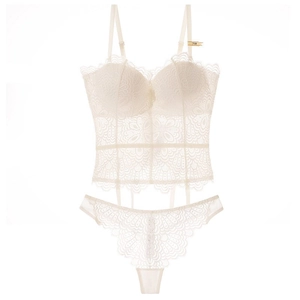 Elegantes weißes Spitzenunterwäsche-Set mit tiefem V-Ausschnitt Korsett-BH und Tanga