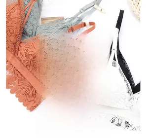 Detail of multi-color lace bralettes showing breathable fabric and scalloped edges