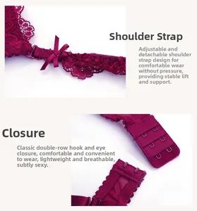 Dettagli del reggiseno in pizzo bordeaux con spalline regolabili e doppia chiusura posteriore