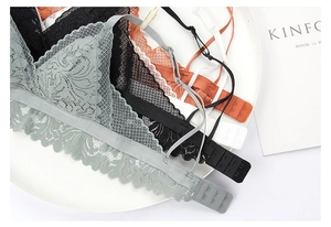 Detail view of thin lace bralette set showing intricate floral patterns in multiple colors