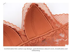 Detail view of the 0.2cm thin cotton cup lining and floral lace of the triangle bra