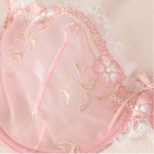 Détails de broderie florale rose et perles sur le soutien-gorge en maille transparente