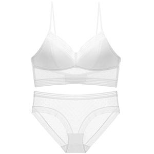 Ensemble bralette en dentelle blanche avec mesh à pois et bande élastique rayée à plat