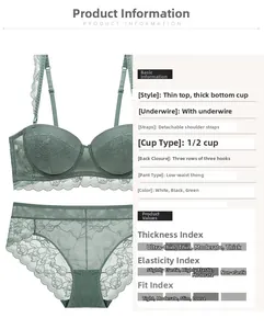Detailed view of green lace lingerie set featuring 1/2 cup bra and low-waist panties