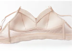 Détail d'un soutien-gorge sans armature couleur chair avec bonnets en coton et résille