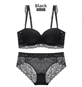 Detailed view of elegant black lace lingerie set including push-up bra and matching panties