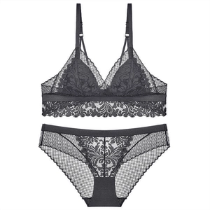 French black thin lace bra and panty set featuring breathable floral mesh triangles